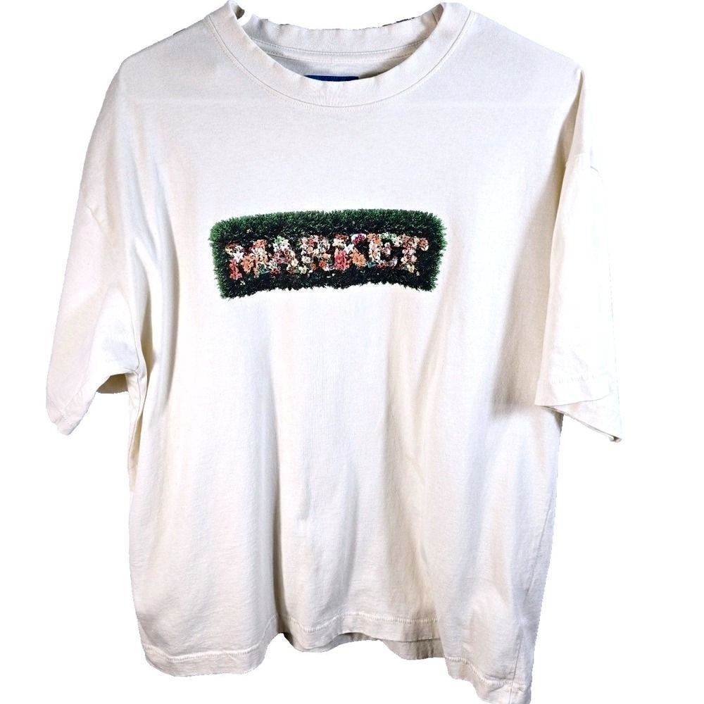MARKET Men's Hedges T-Shirt Size Large Ecru Off White Streetwear Floral Cotton